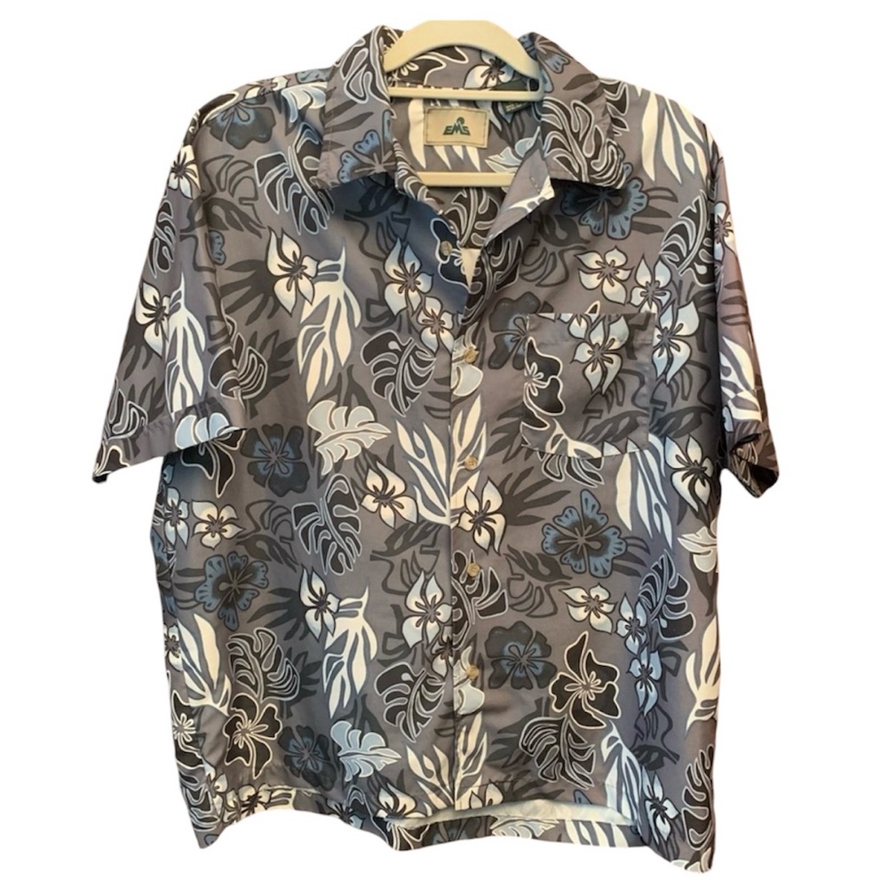 EMS Hawaiian Shirt Casual Button Front Top Gray Blue Floral Men’s Size Large